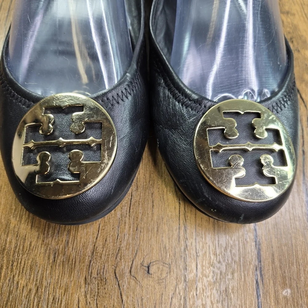 Tory Burch Reva Black Leather Ballet Flats Gold Logo Hardware